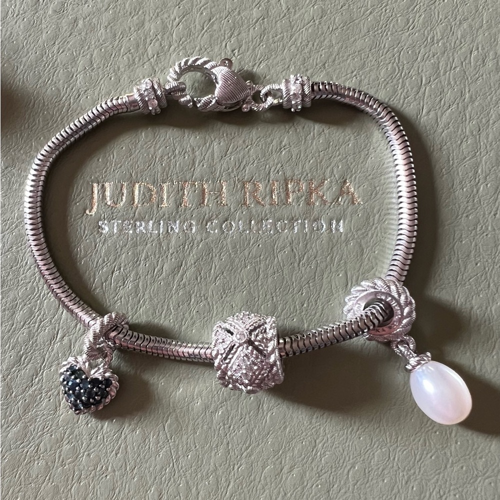 Judith Ripka Sterling Silver Sapphire Pearl Diamonique Charm Bracelet